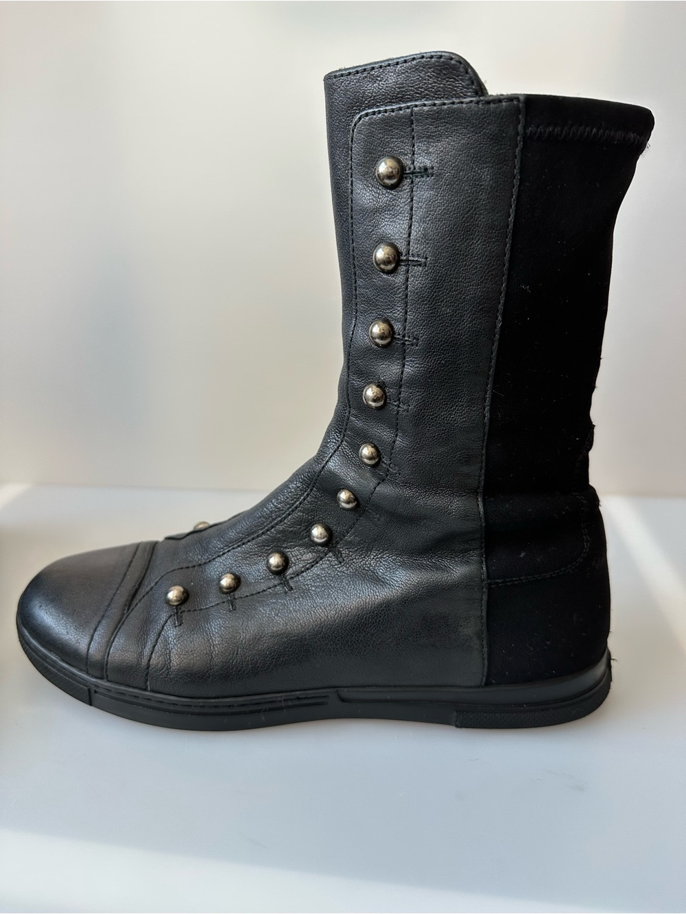 AUTHENTIC STUART WEITZMAN Studded Mid-Calf Black Leather Pull Boots - Picture 12 of 15